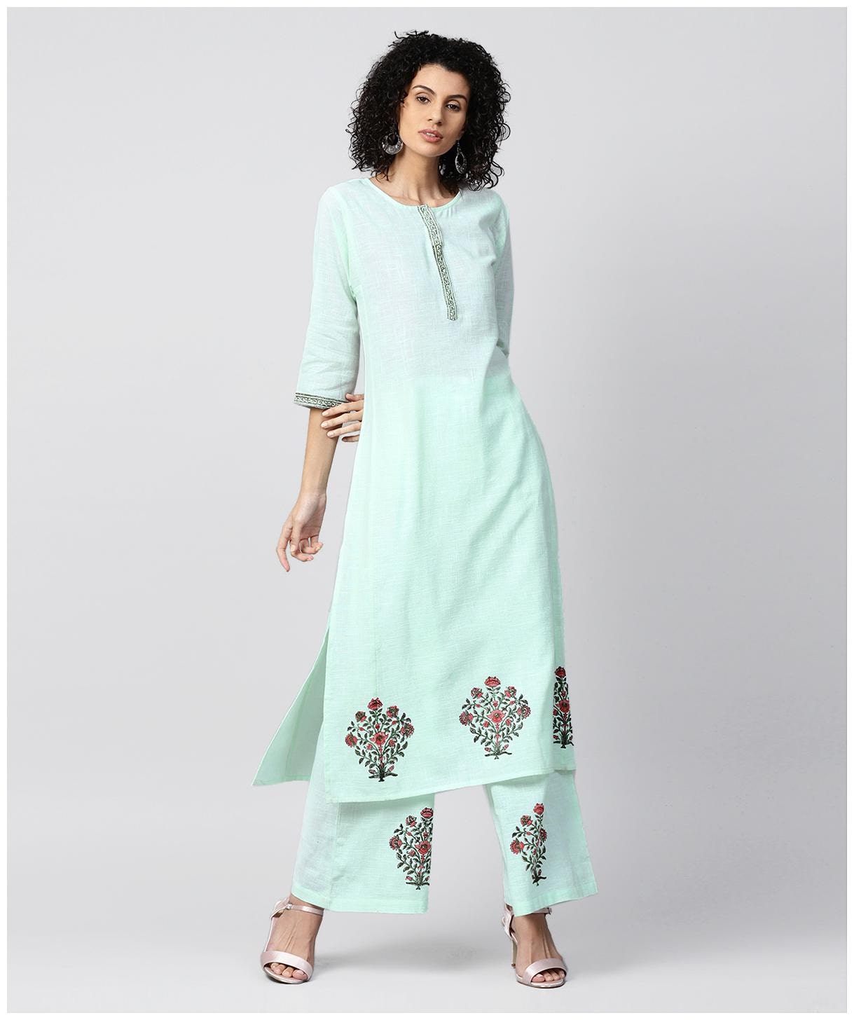 

Nayo Pista Green 3 4Th Sleeve Cotton Block Printed A-Line Kurta With Free Flared Palazzo