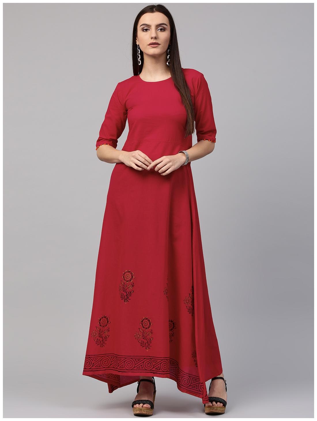 

Nayo Red Block Print Half Sleeve Cotton A-Line Kurta