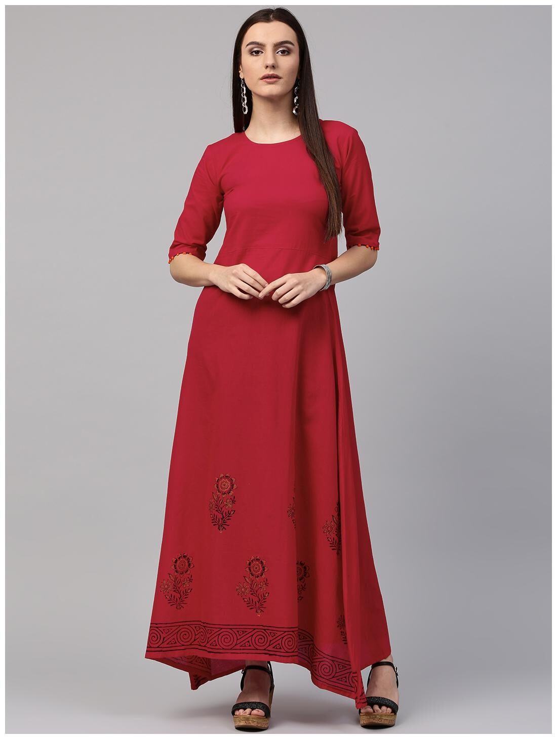 

Nayo Red Block Print Half Sleeve Cotton A-Line Kurta