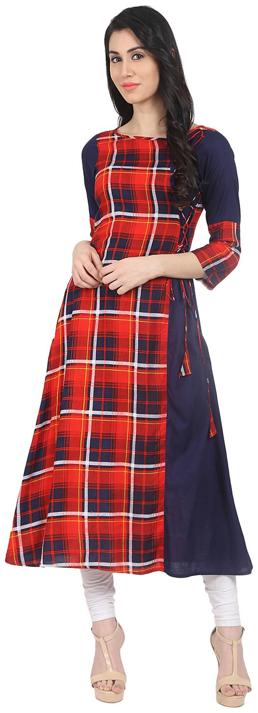 

Nayo Red Blue Check 3 4th Sleeve Cotton A-Line Kurta With Dori Work