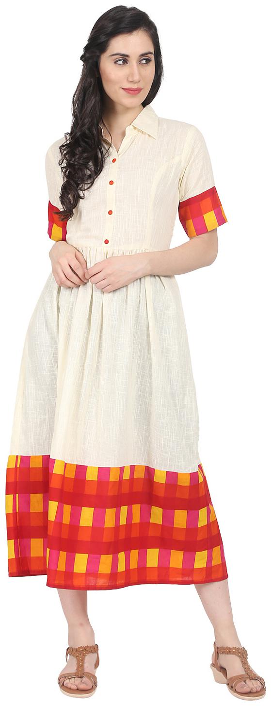 

Nayo Red Check Off White Half Sleeve Cotton Flared Kurti Dress