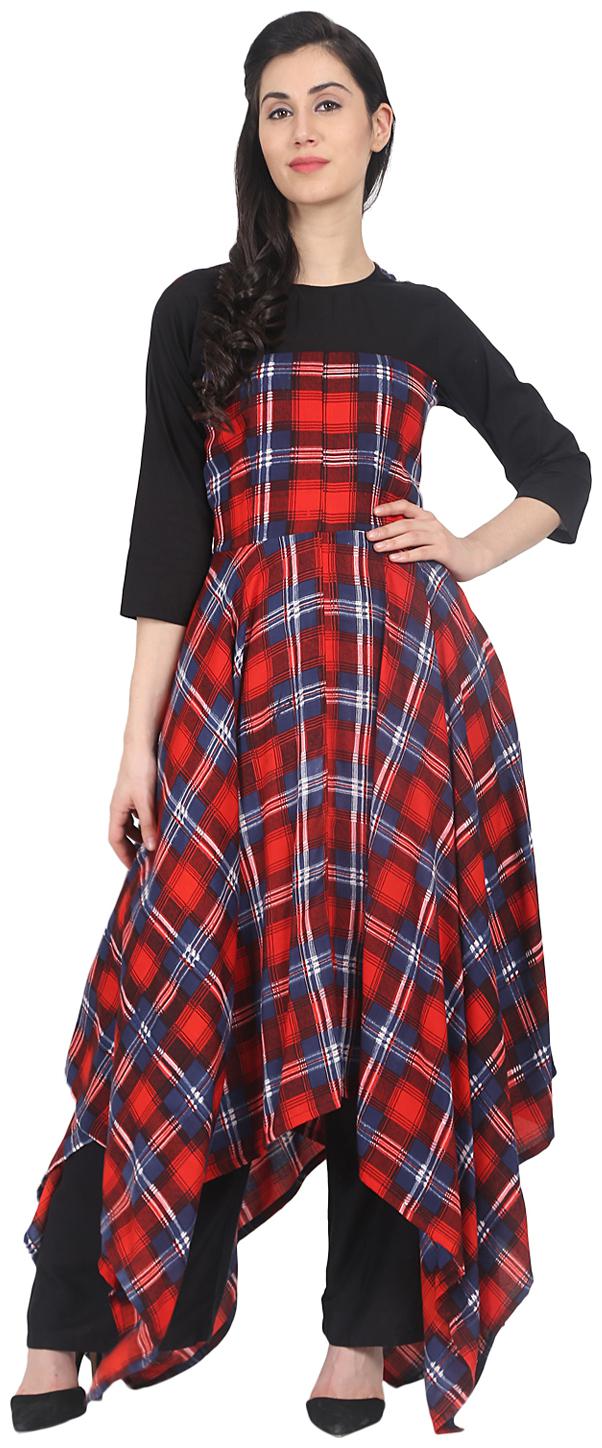 

Nayo Red Check 3 4th Sleeve Cotton Asymetric Maxi Kurti Dress