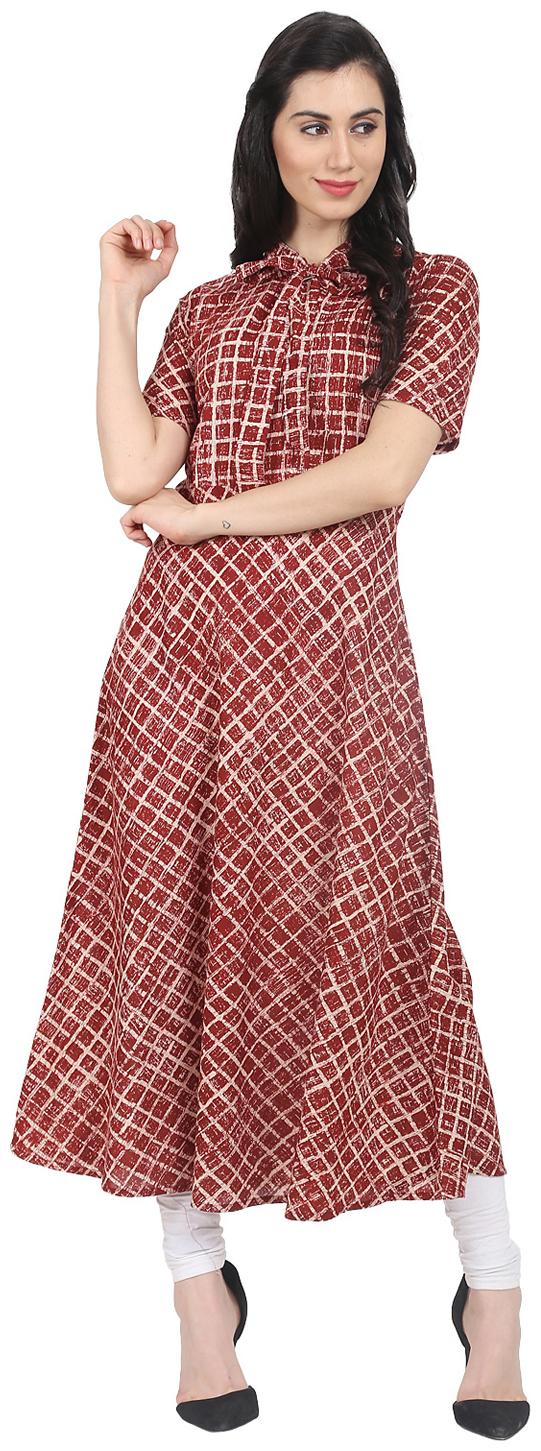 

Nayo Red Check Printed Half Sleeve Cotton A-Line Kurta