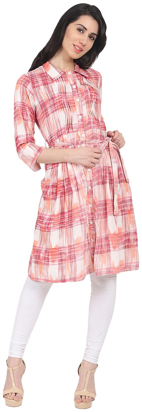 

Nayo Red Check 3 4th Sleeve Cotton A-Line Kurta With Front Open