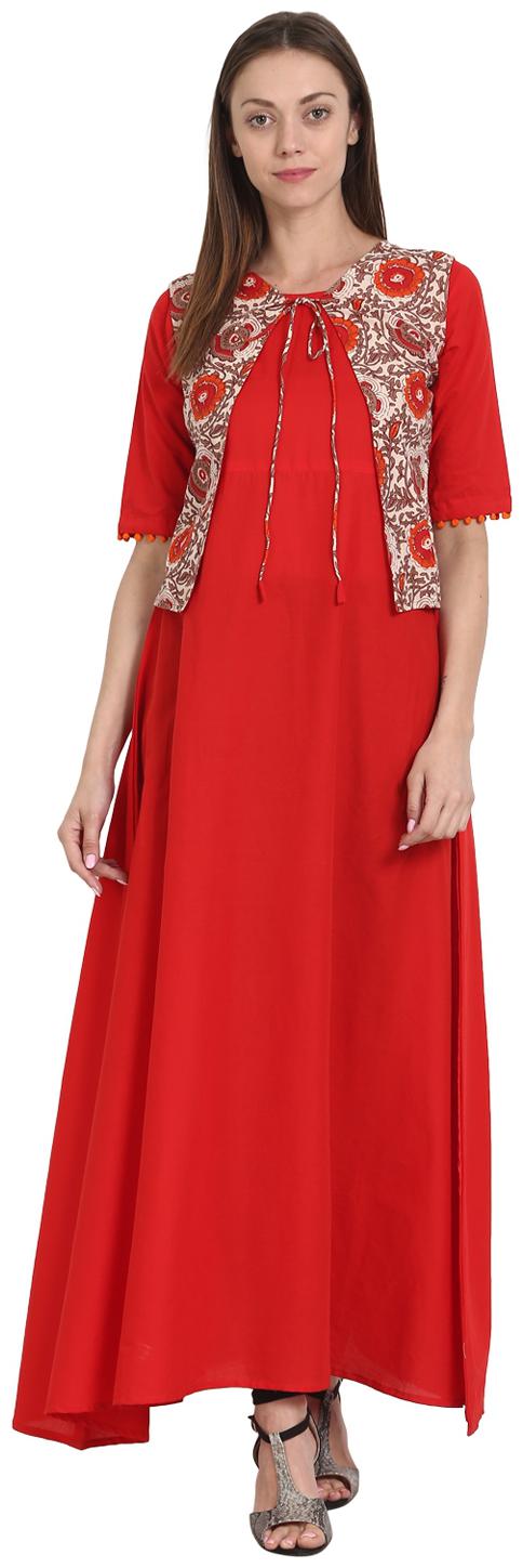 

Nayo Red Half Sleeve Cotton Anarkali Long Kurta With Sleevless Printed Jacket