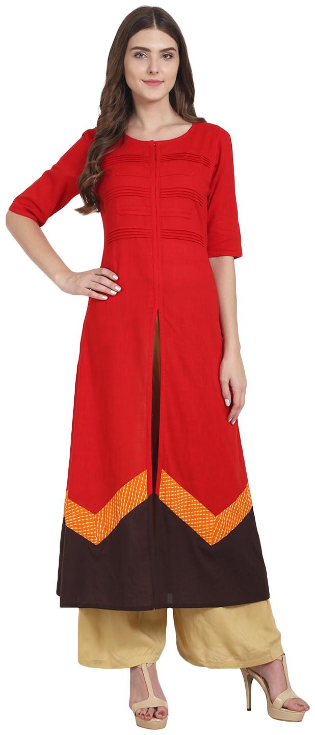 

Nayo Red Half Sleeve Cotton A-Line Front Slit Kurta