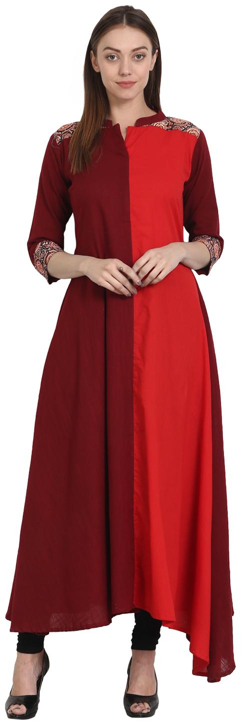 

Nayo Red Maroon 3 4 Sleeve Cotton Slub Flared Kurta
