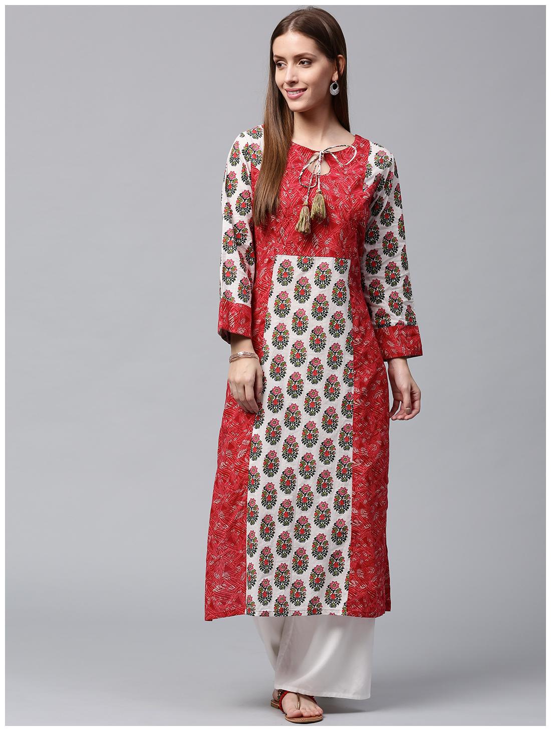 

Nayo Red Printed 3 4th Sleeve Cotton Kurta
