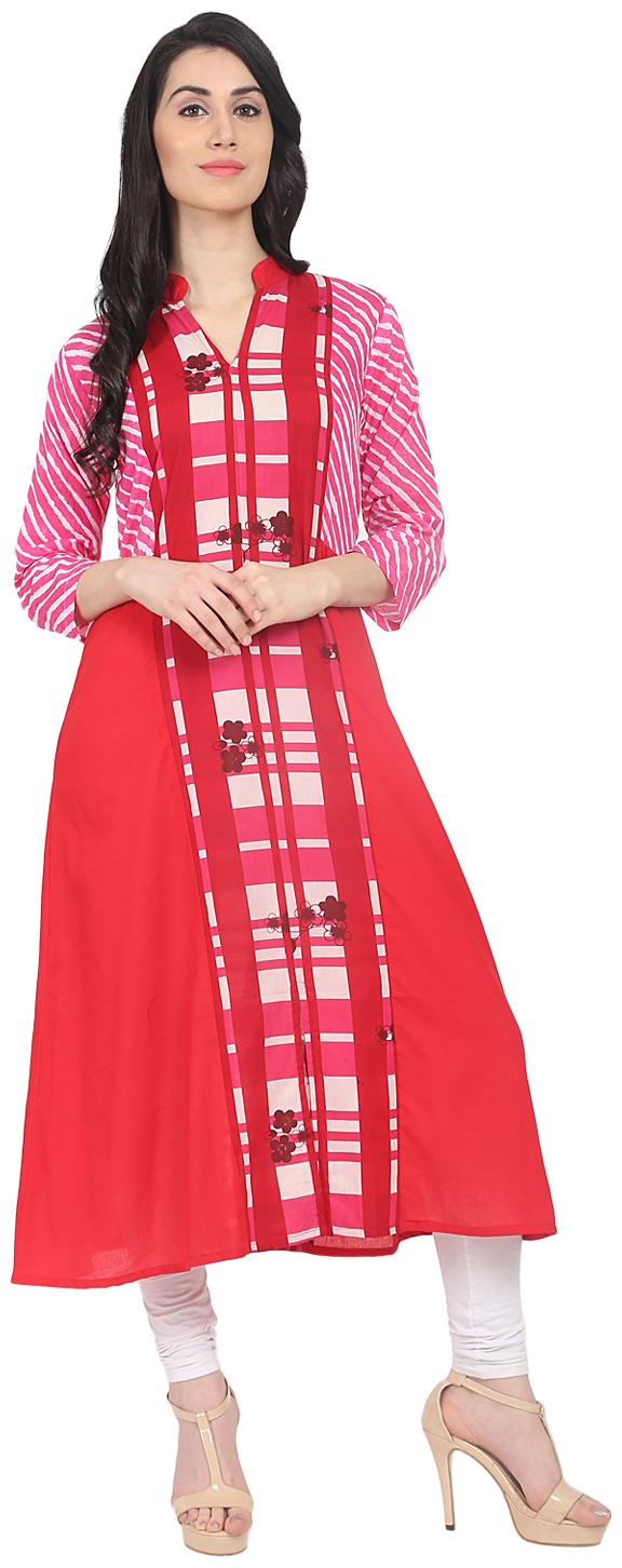 

Nayo Red Printed 3 4th Sleeve Cotton Anarkali Kurta