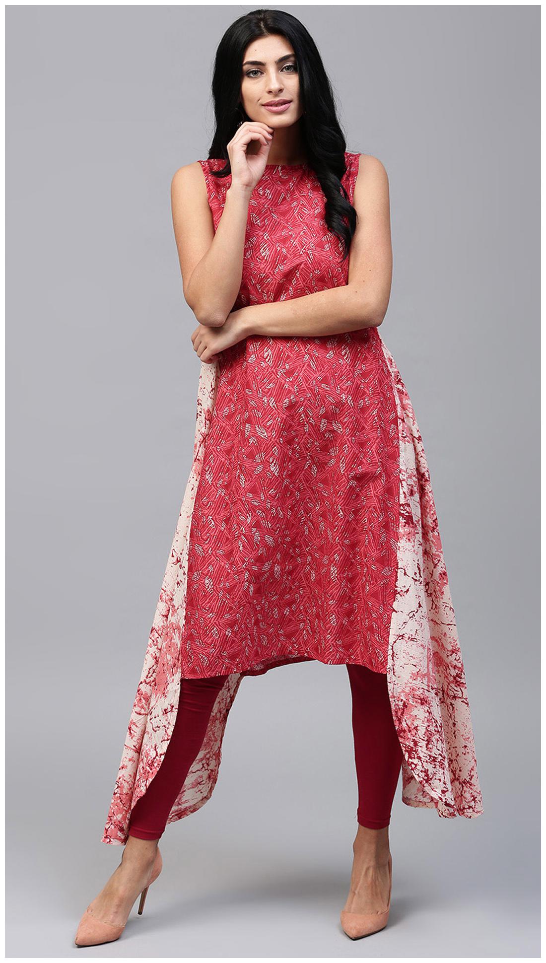 

Nayo Red Printed Sleeveless Cotton Assymetric Kurta