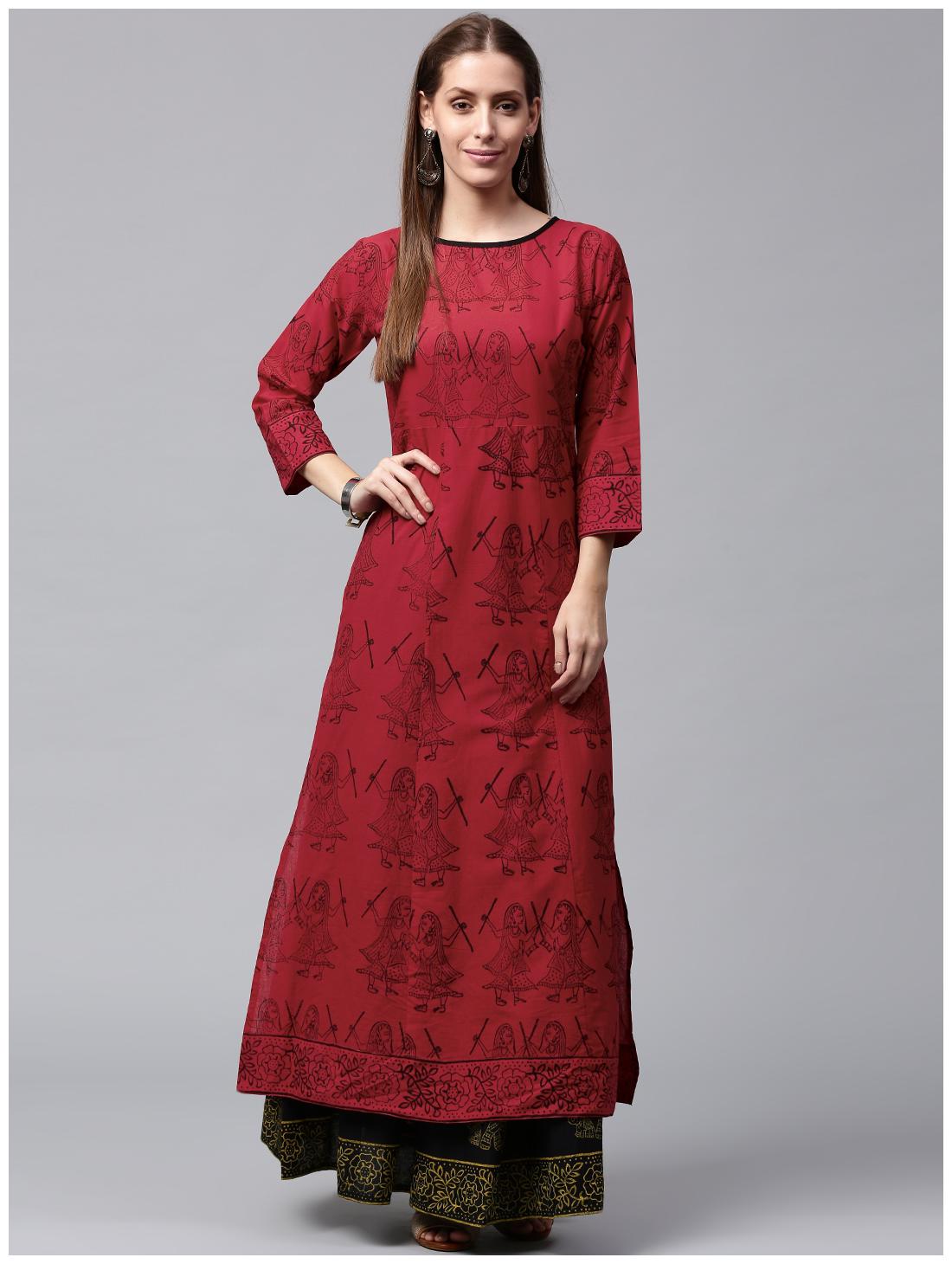 

Nayo Red Printed 3 4th Sleeve Cotton Kurta With Green Printed Palazzos