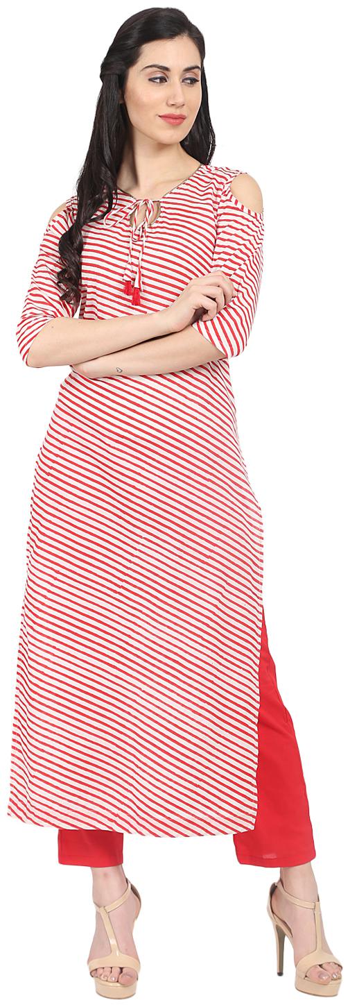 

Nayo Red Striped 3 4th Sleeve Cotton Kurta With Red Straight Palazzo
