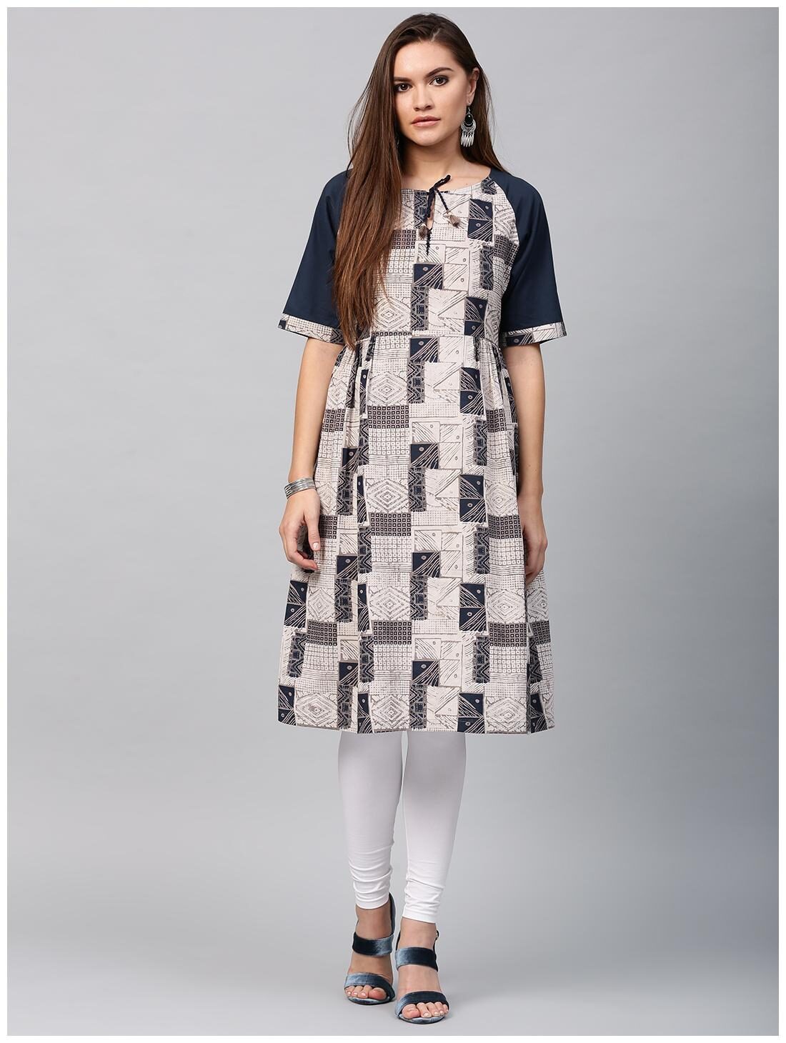 

Nayo White Printed Half Sleeve Cotton A-Line Kurta With Dori Work At Neck