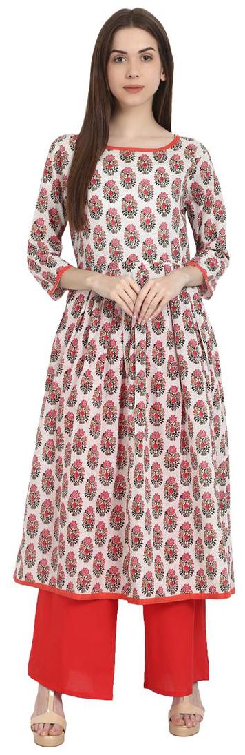 

Nayo White Red Printed 3 4 Sleeve Cotton A-Line Kurta