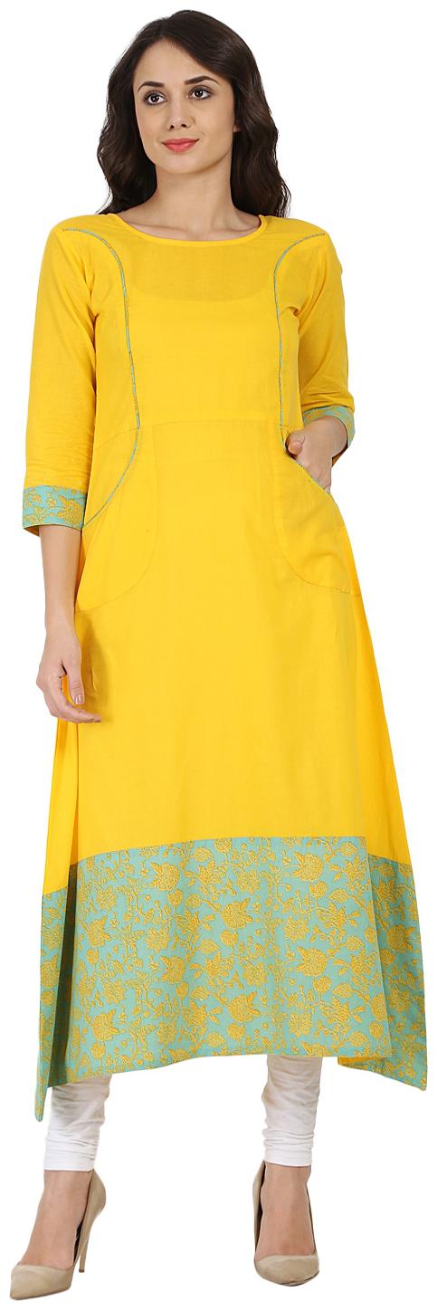 

Nayo Yellow Printed 3 4th Sleeve Cotton A-Line Kurta