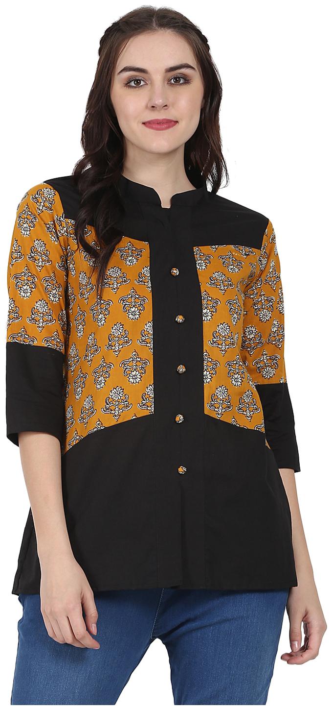 

Nayo Yellow Black 3 4th Sleeve Cotton Short Kurti