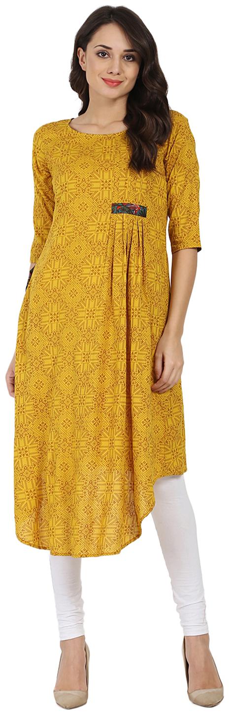 

Nayo Yellow Printed Half Sleeve Rayon A-Line Kurta