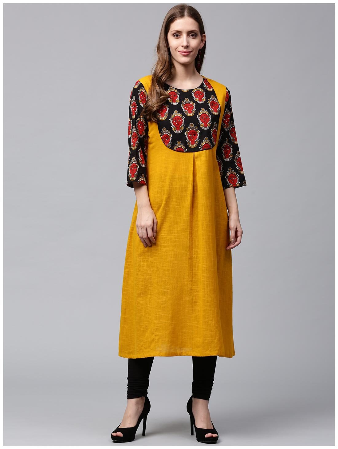 

Nayo Yellow 3 4th Sleeve Cotton A-Line Kurta With Printed Yoke