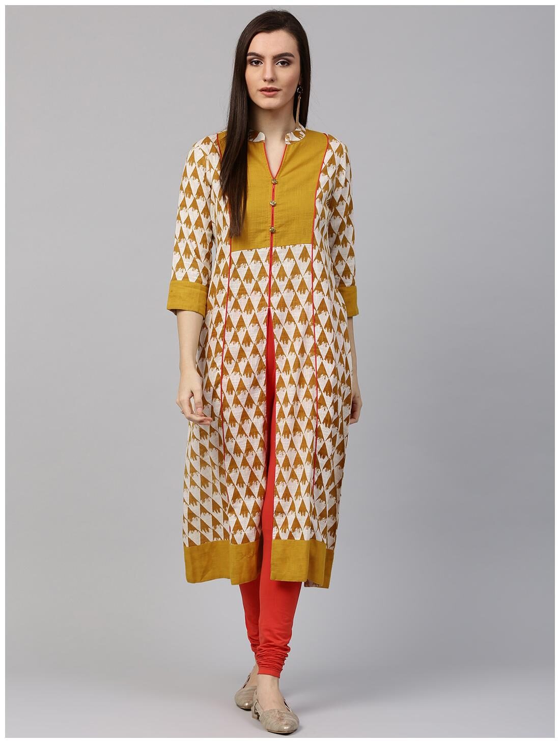 

Nayo Yellow Printed 3 4th Sleeve Cotton A-Line Kurta