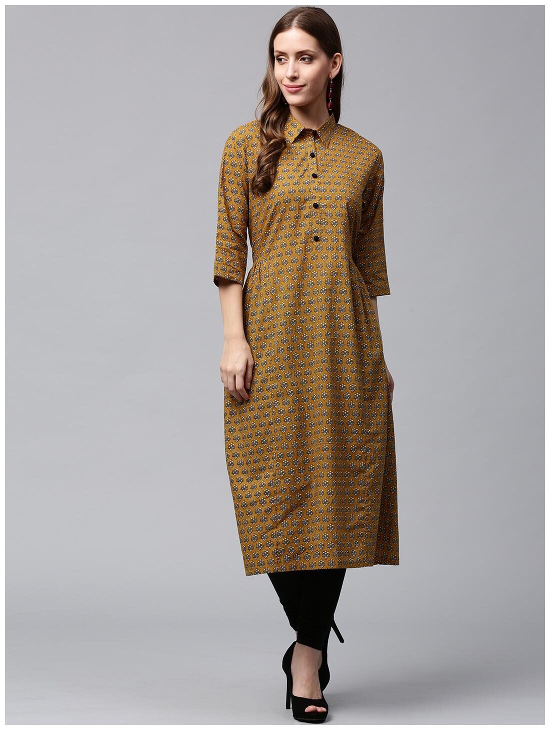 

Nayo Yellow Printed 3 4th Sleeve Cotton A-Line Kurta