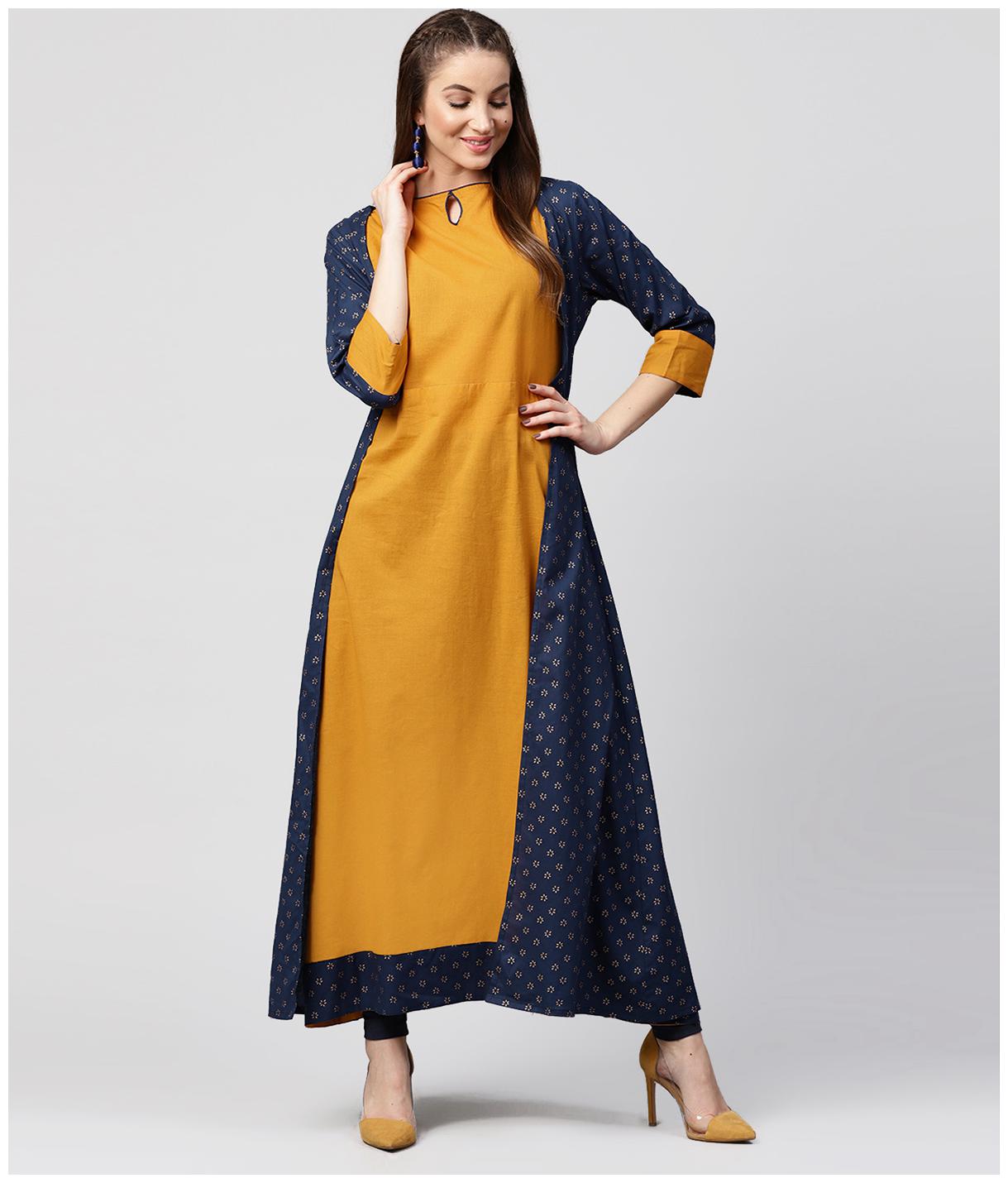 

Nayo Yellow 3 4Th Sleeve Cotton Kurta With Printed Front Open Jacket Kurta