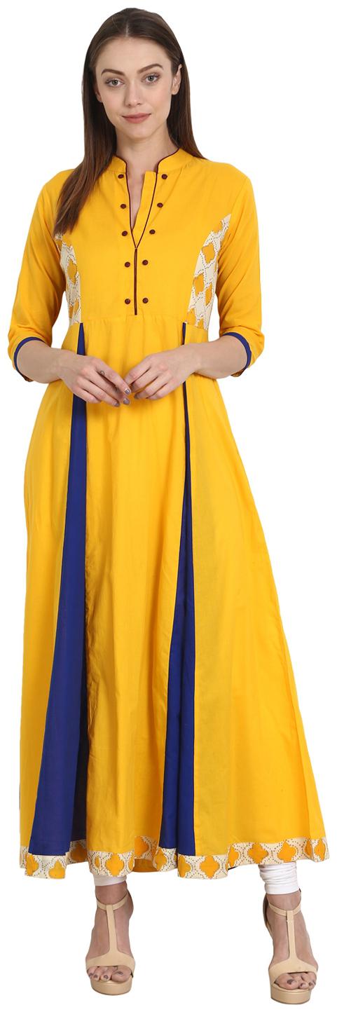 

Nayo Yellow 3 4 Sleeve Long Cotton Kurta