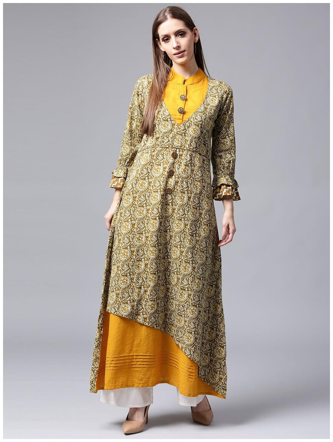 

Nayo Yellow Green Printed 3 4th Sleeve Cotton Double Layer A-Line Kurta