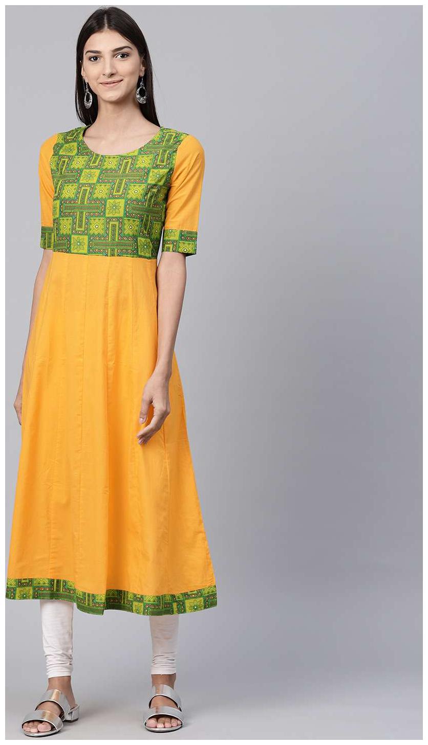 

Nayo Yellow Half Sleeve Cotton A-Line Kurta With Printed Yoke