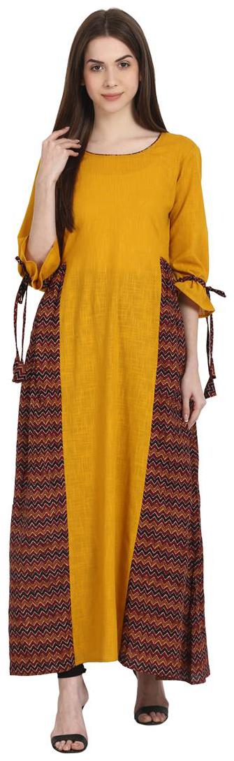 

Nayo Yellow Coffee Printed 3 4 Sleeve Cotton Slub Floor Length Kurta