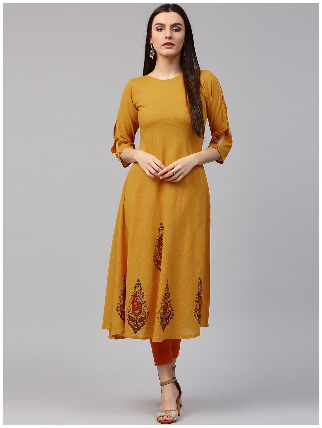 

Nayo Yellow Block Printed 3 4th Sleeve Cotton A-Line Kurta