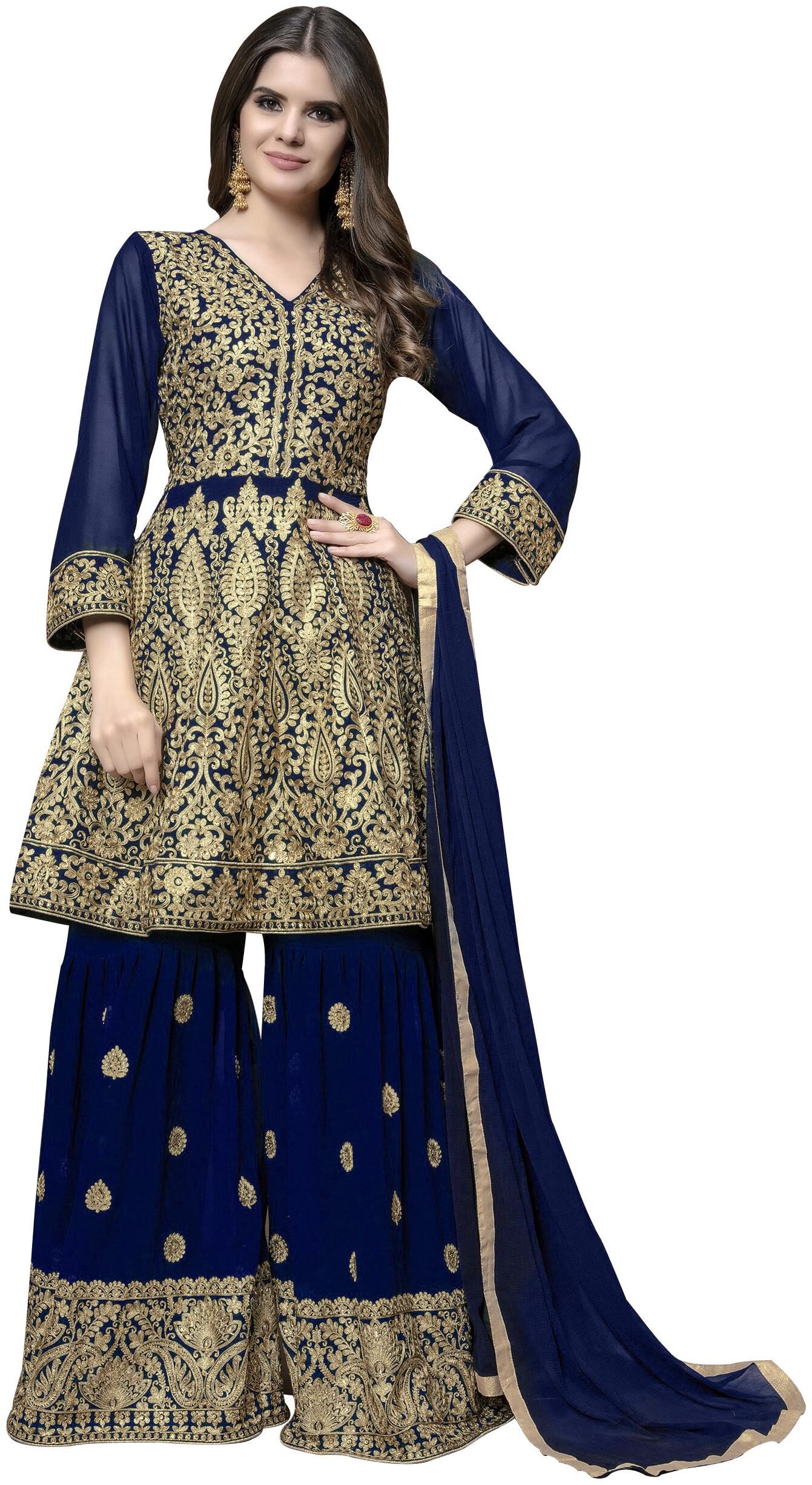 

Neel Art Poly Georgette Blue Embroidered Kurta with Bottom Dupatta For Women