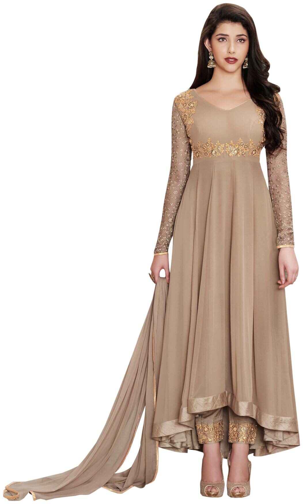 

Neel Art Poly Georgette Beige Kurta with Bottom Dupatta For Women