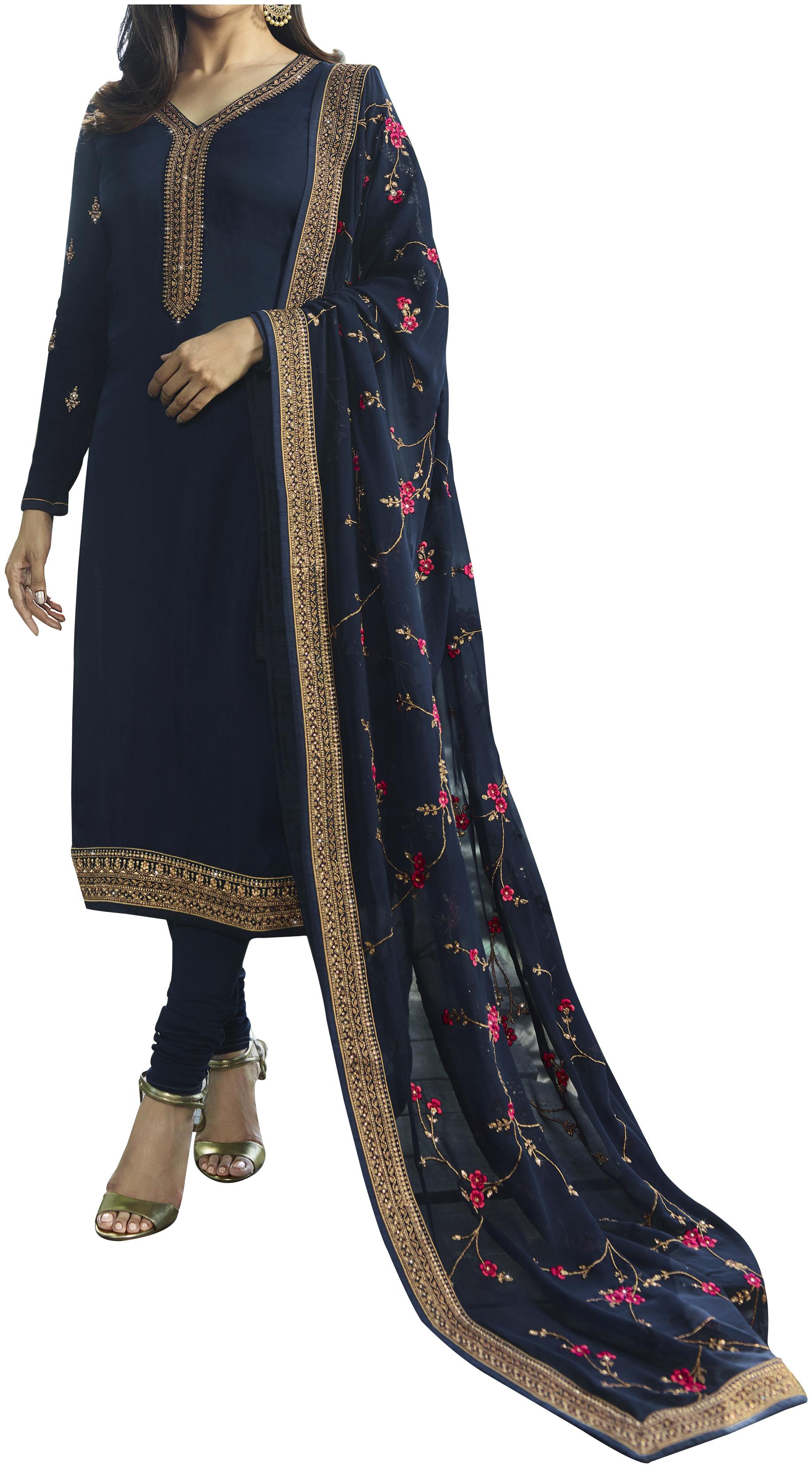 

Neel Art Women Satin Embroidered Blue Dress Material