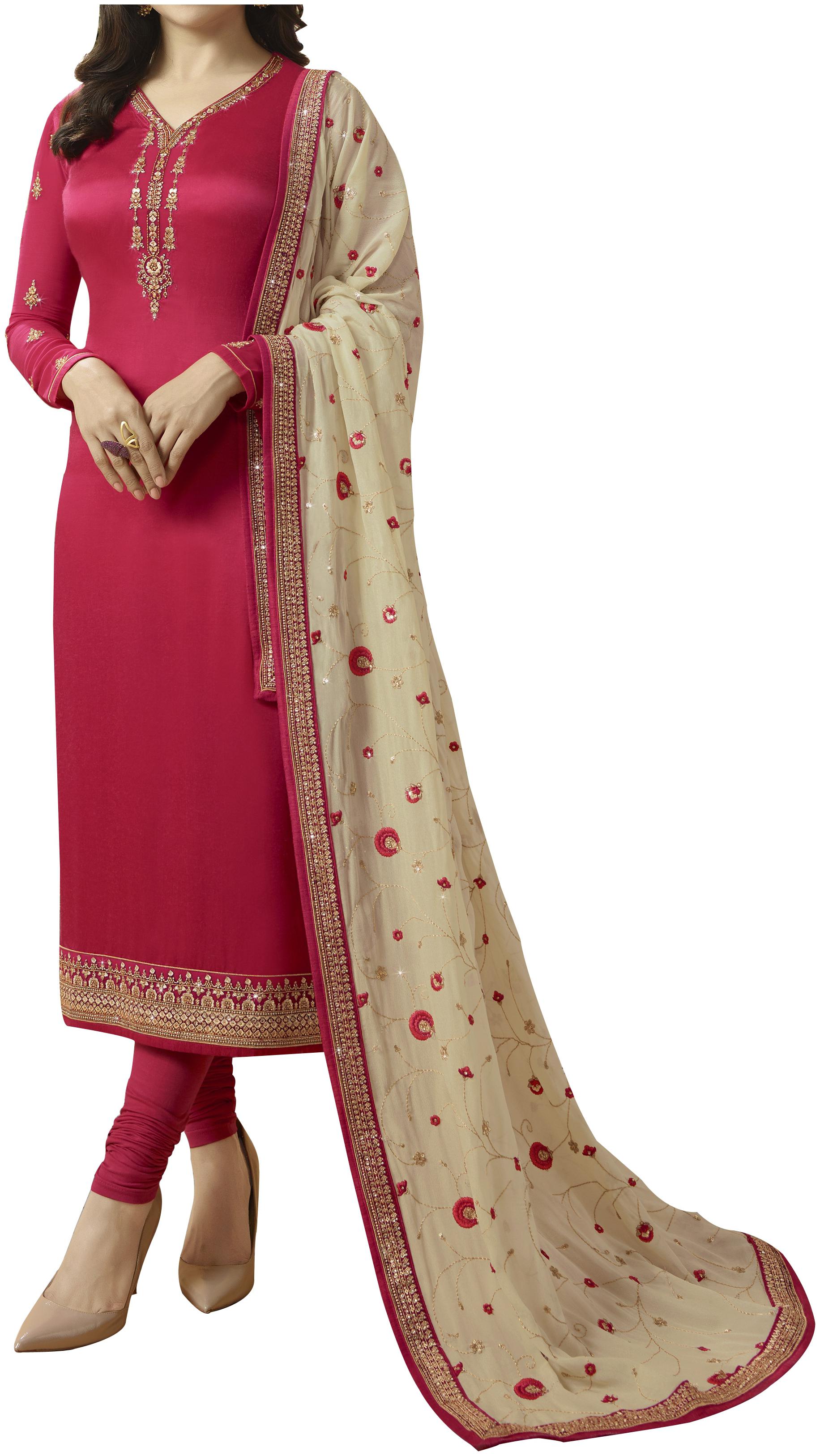 

Neel Art Women Satin Embroidered Red Dress Material