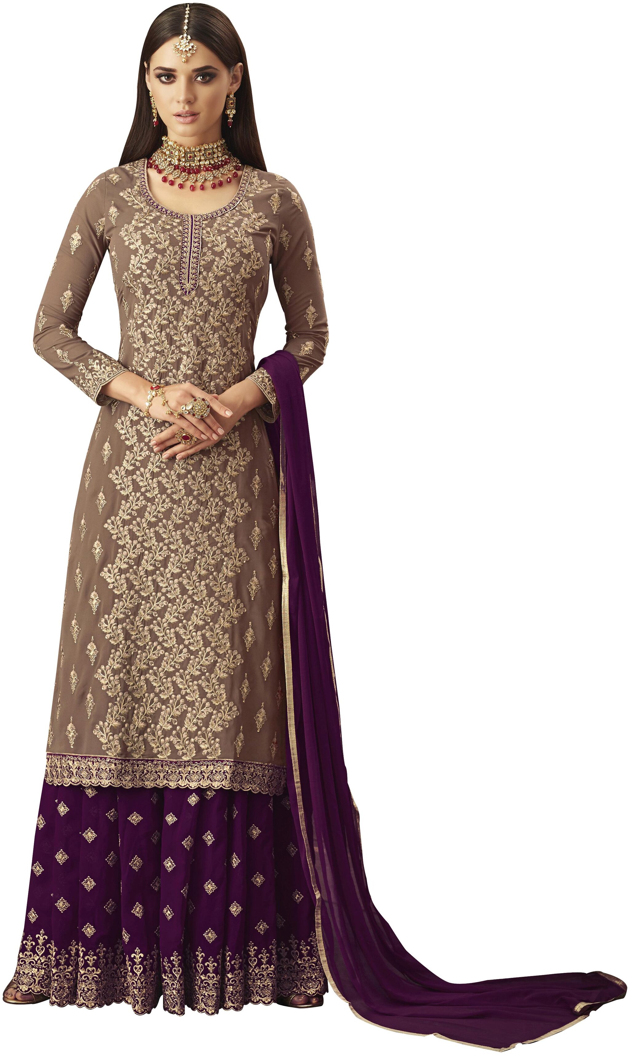 

Neel Art Women Poly Georgette Embroidered Purple Brown Dress Material