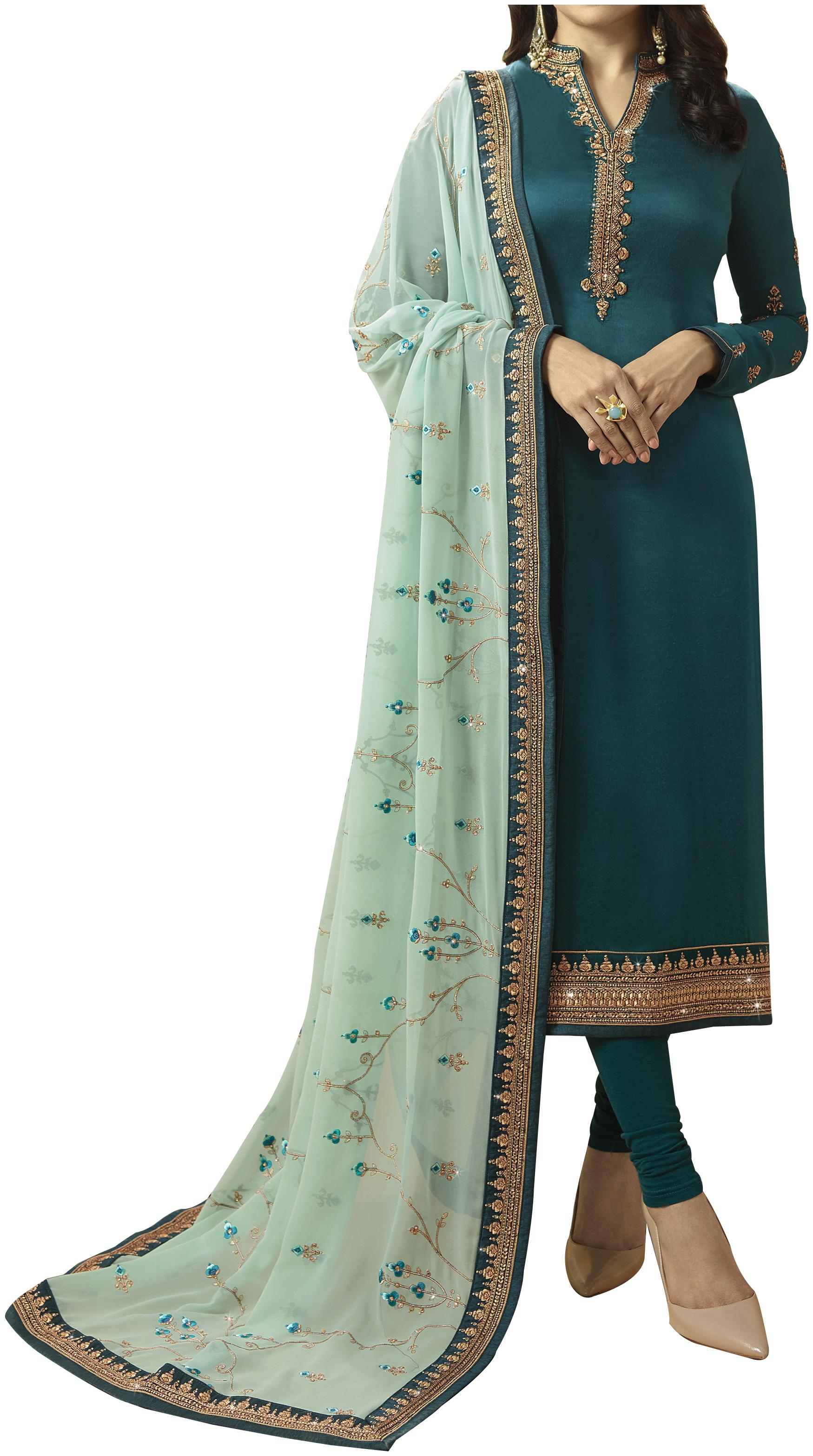 

Neel Art Women Satin Embroidered Green Dress Material