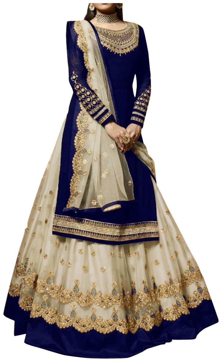 

Neel Art Women s Faux Georgette Fabric Lehanga with Kurta Dupatta Bottom Material Semi Stitched (Blue)