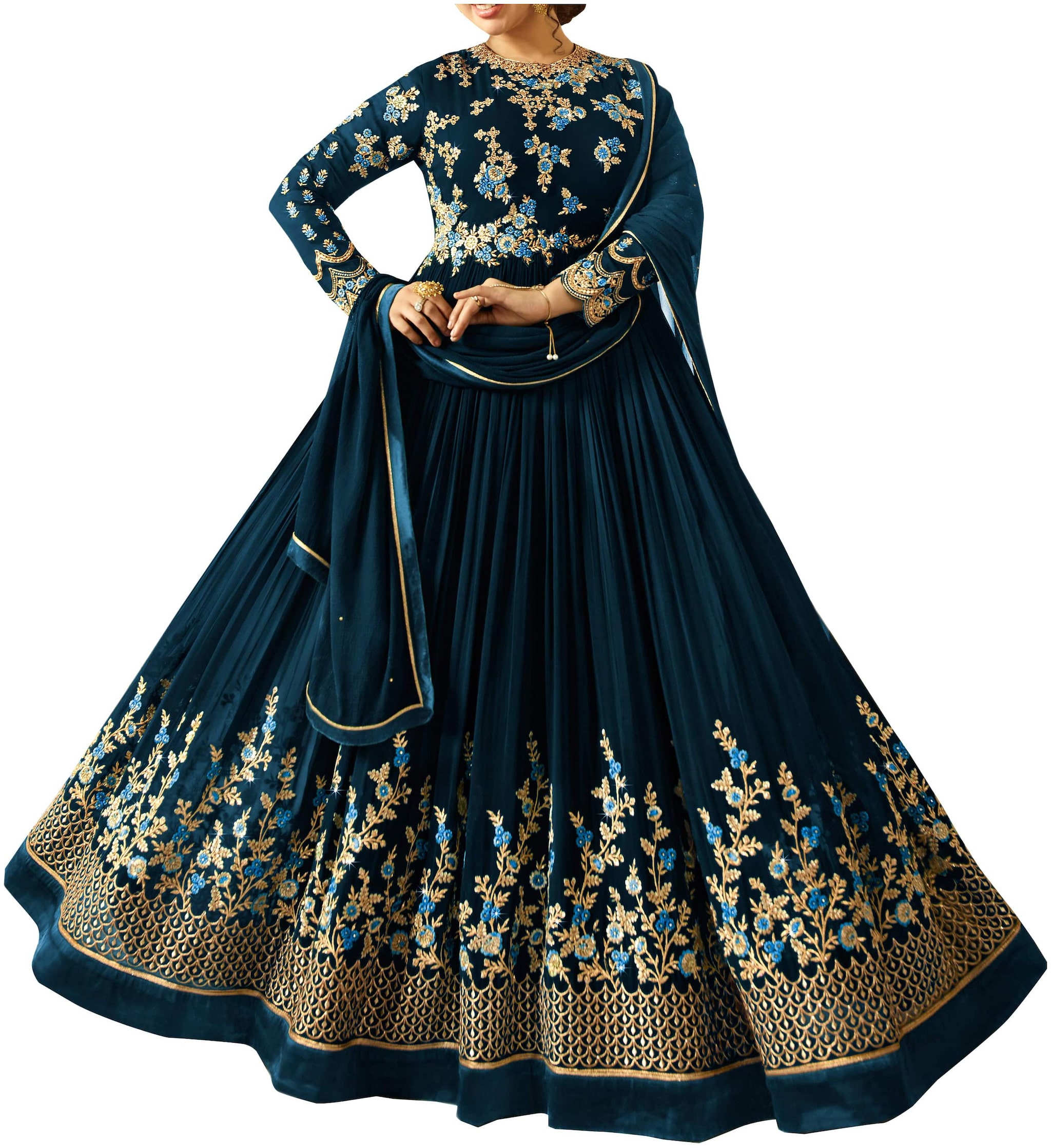 

Neel Art Women Poly Georgette Embroidered Blue Dress Material