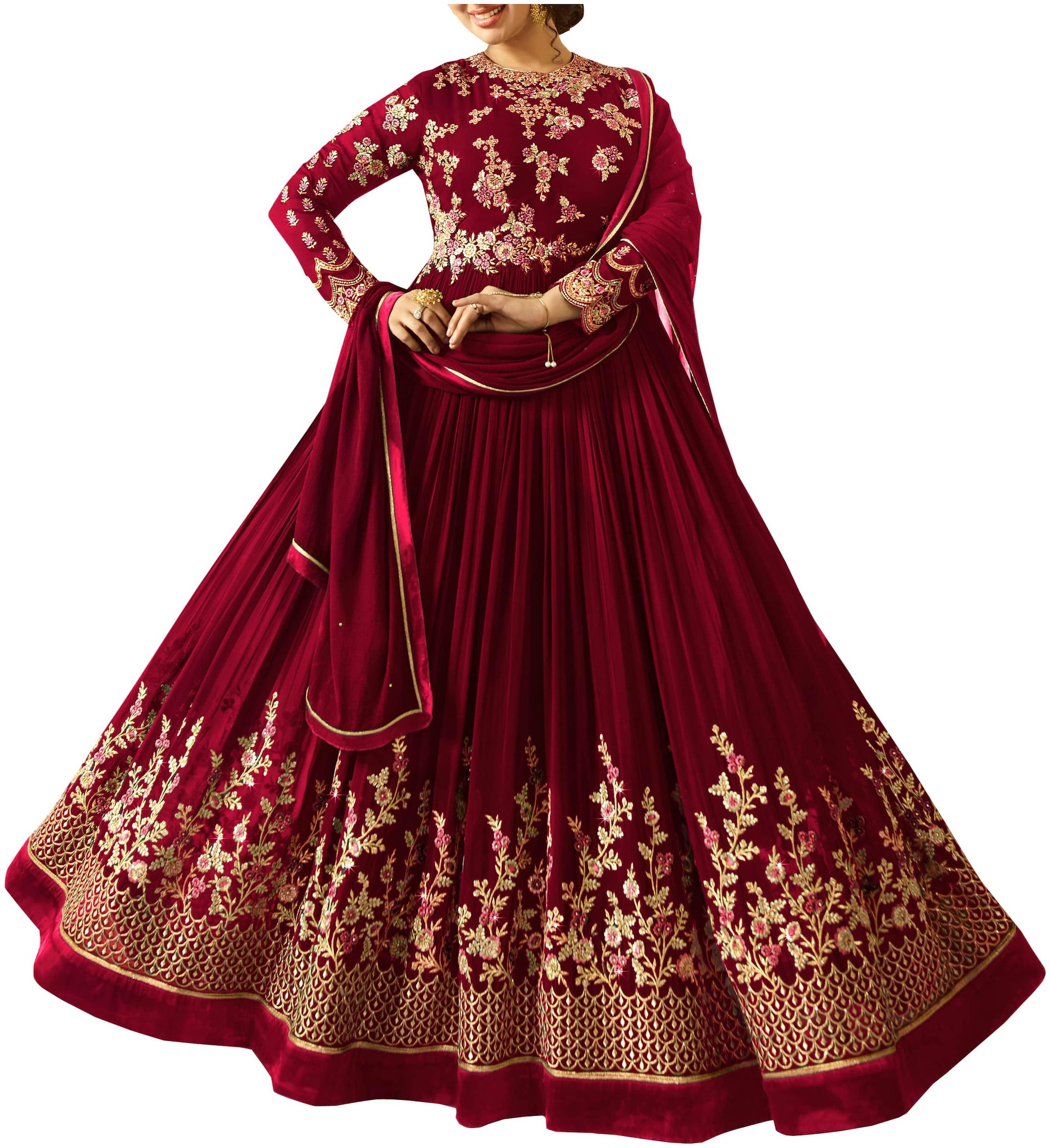 

Neel Art Women Poly Georgette Embroidered Red Dress Material