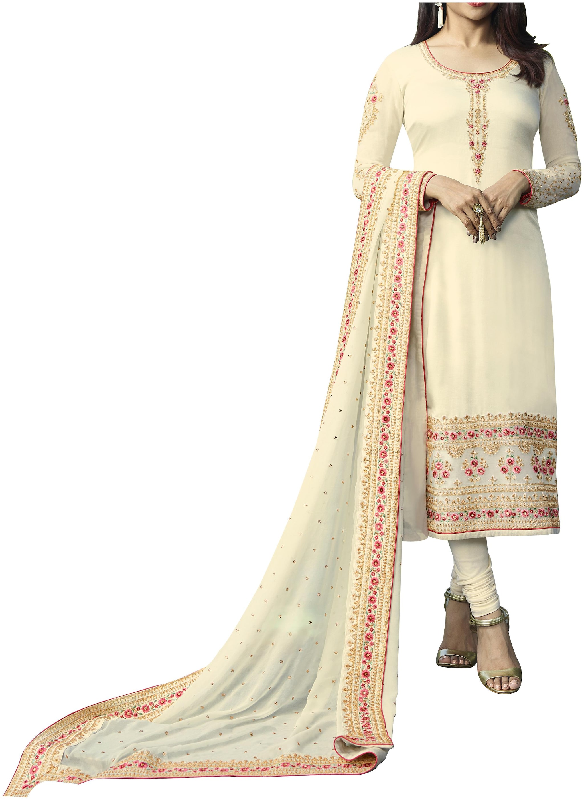 

Neel Art Women Satin Embroidered Beige Dress Material
