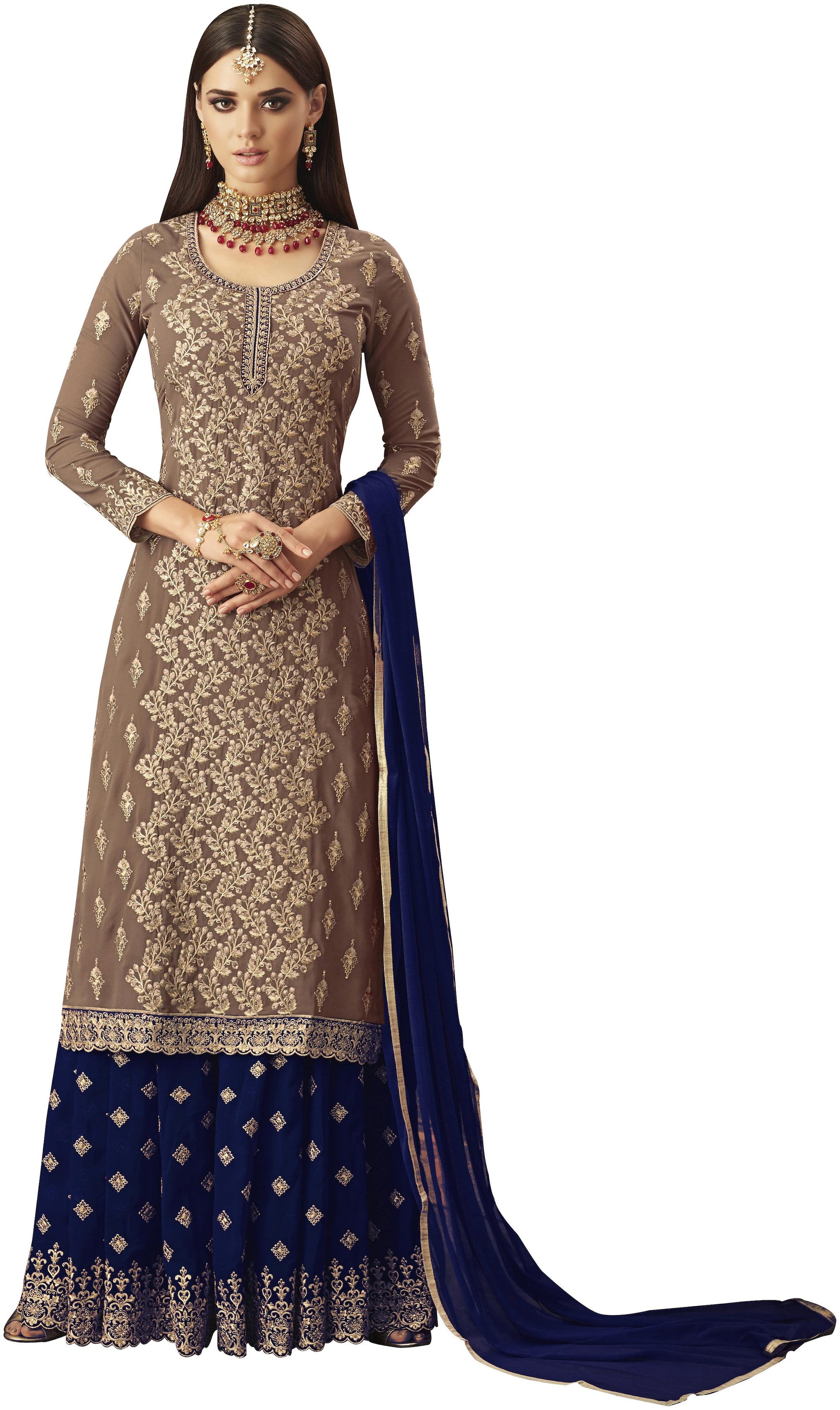 

Neel Art Women Poly Georgette Embroidered Blue Brown Dress Material