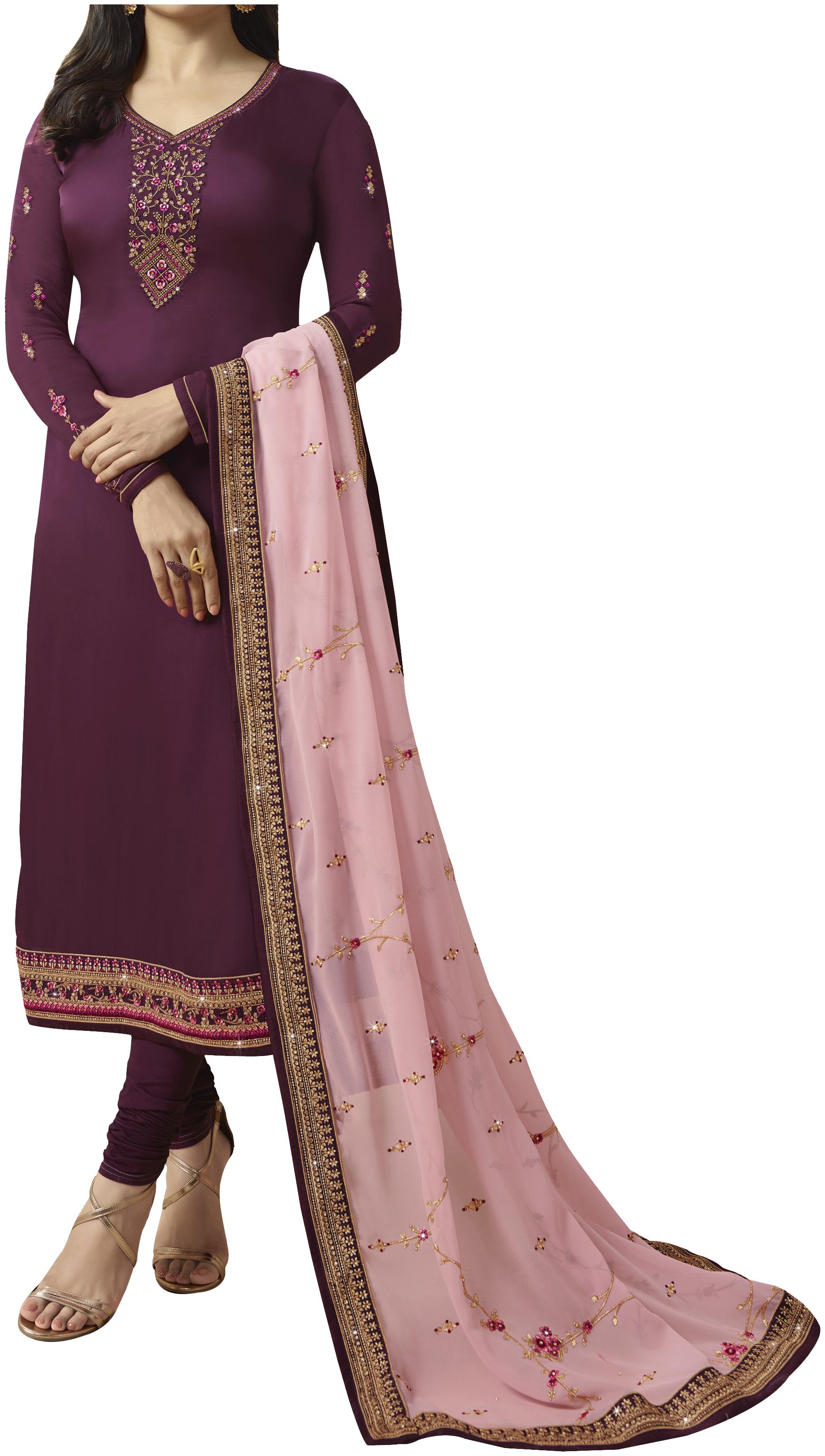 

Neel Art Women Satin Embroidered Purple Dress Material