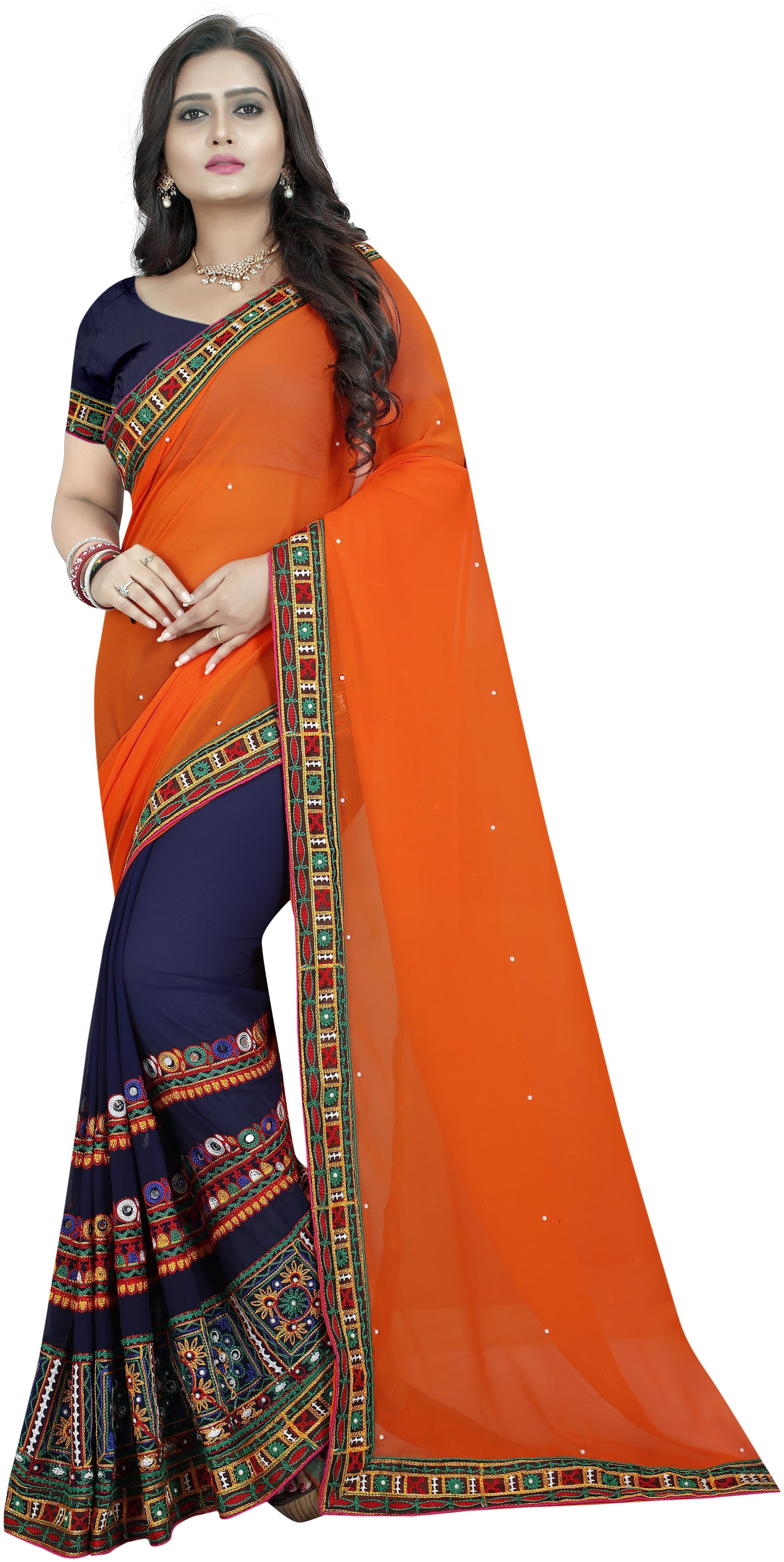 

Neel Art Women Blue Orange Faux Georgette Embroidered Saree