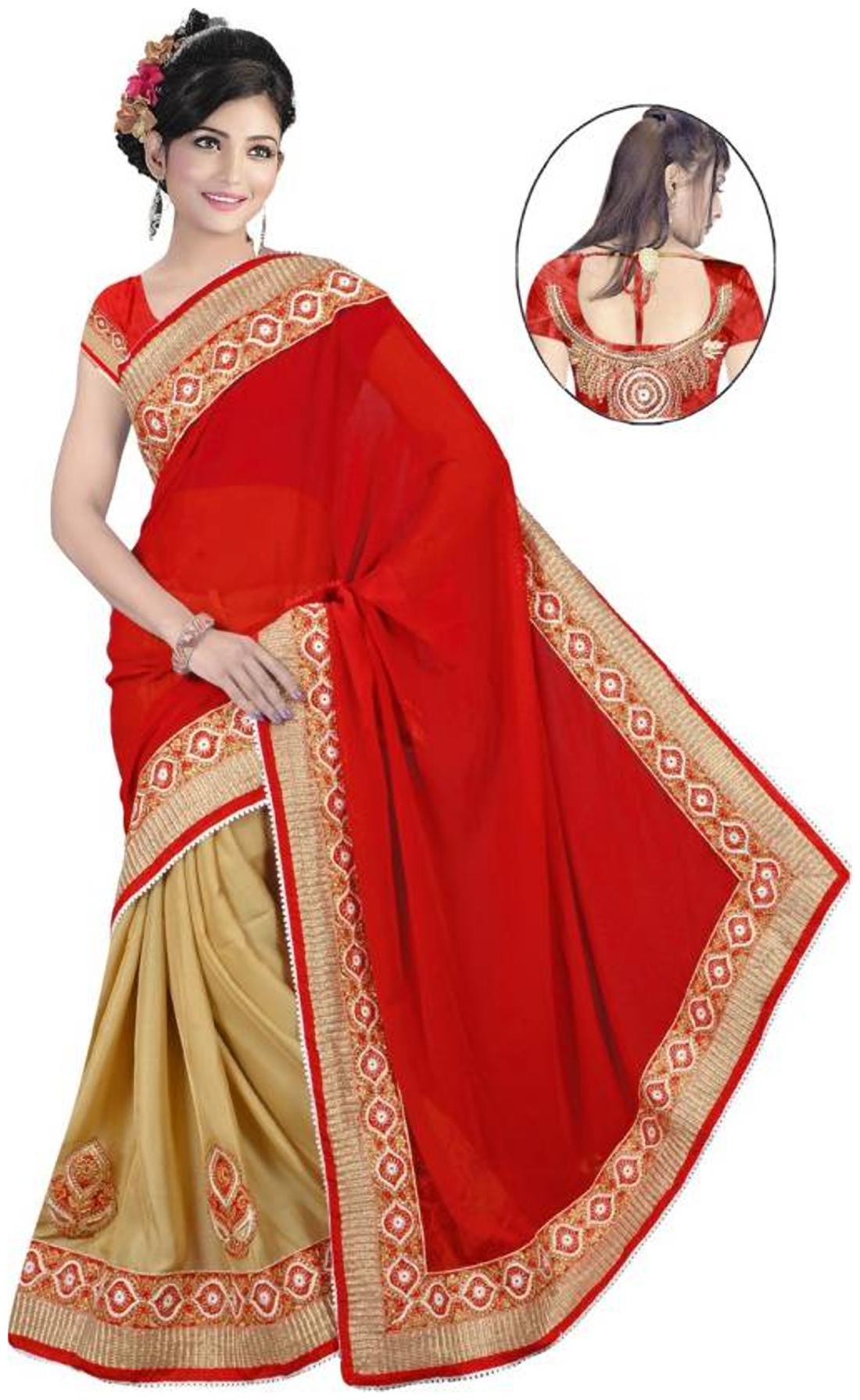 

VIVELS Red Embroidered Universal Designer Saree With Blouse With blouse