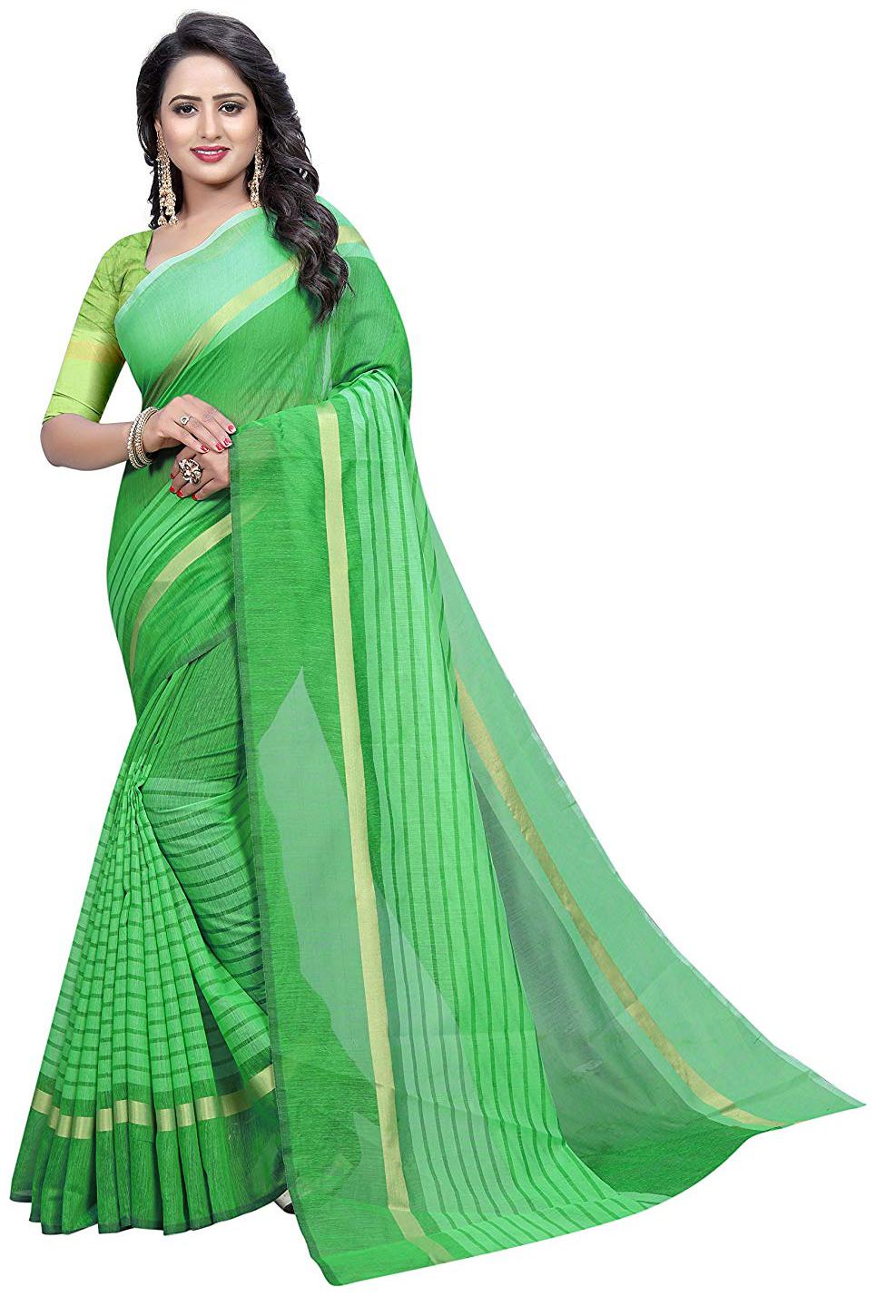 

RAJESHWAR FASHION Green Striped Chanderi Designer Saree With Blouse With blouse