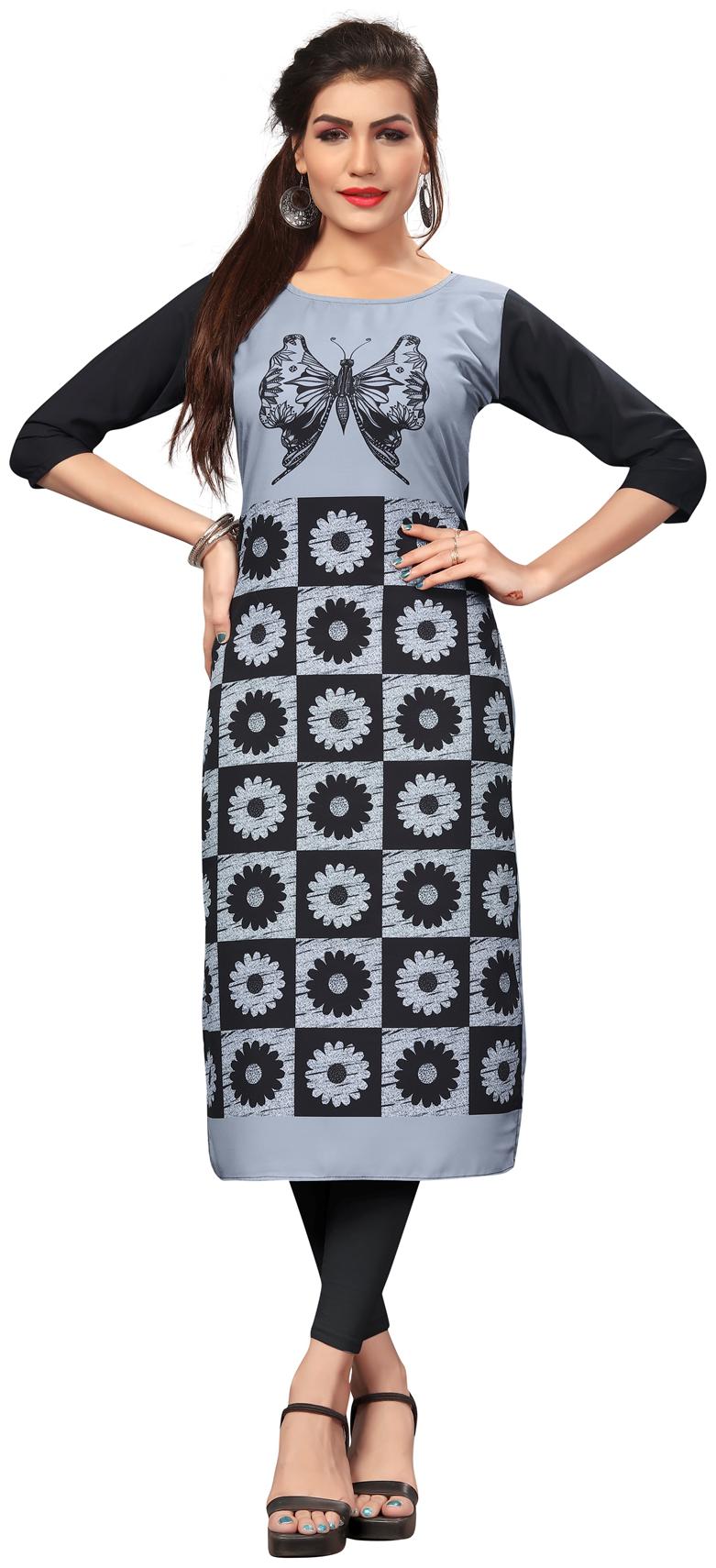 

NEW ETHNIC 4 YOU Women Grey Black Floral Straight Kurti