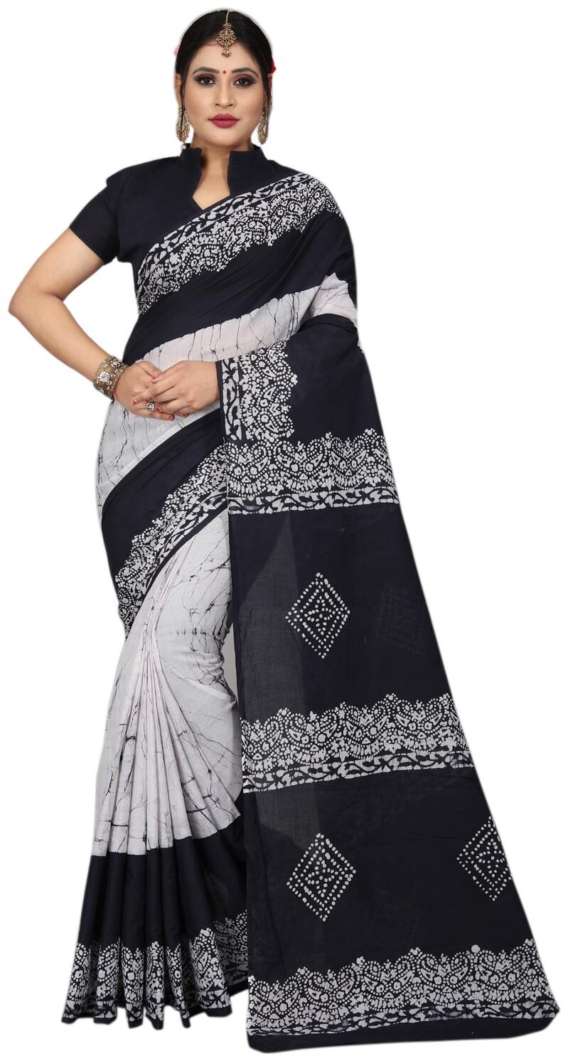 

Nikhilam Cotton Hand Block Wax Batik Printed saree -Black