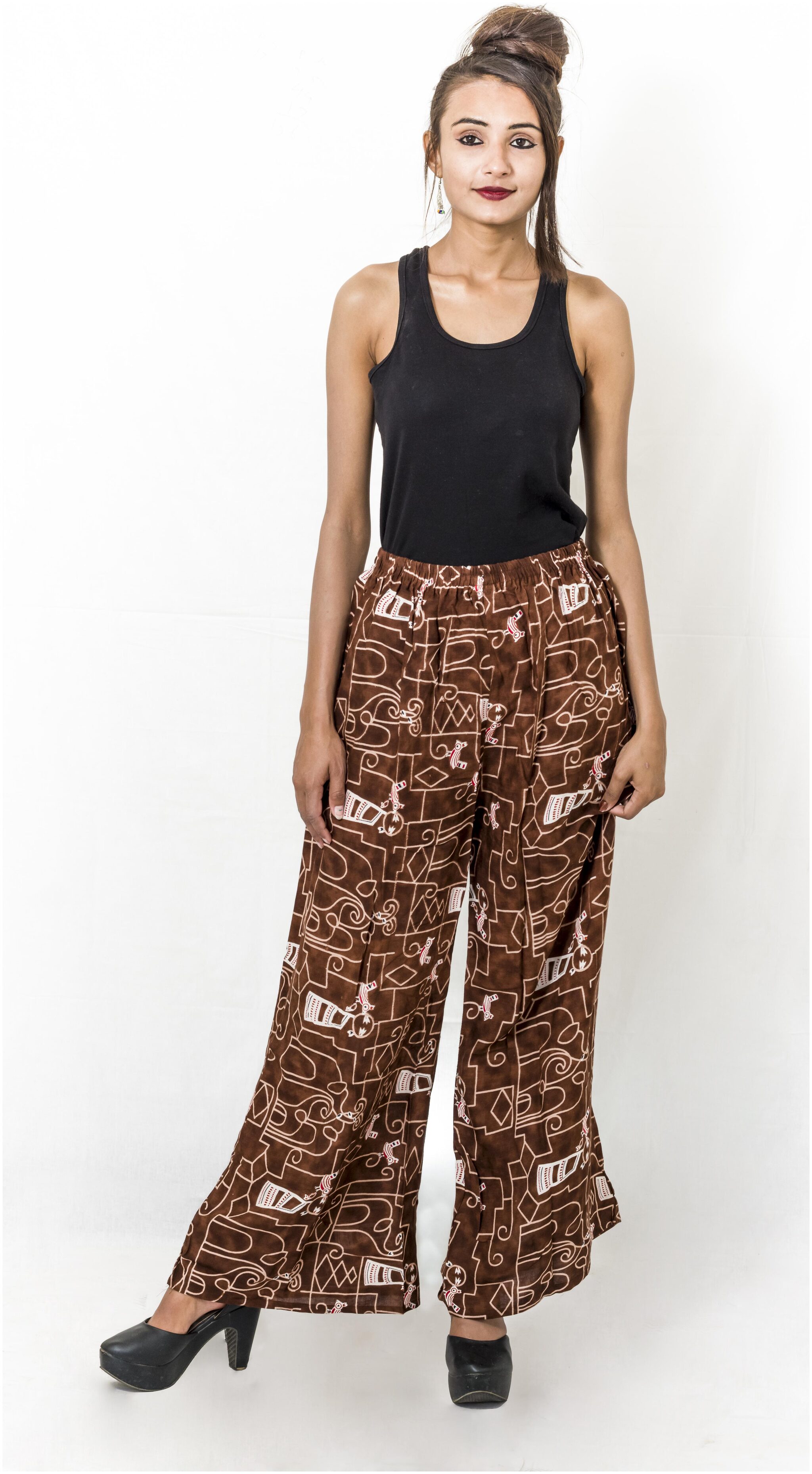 

Nikhilam-Summer Wear-Rayon Staple-Brown Coloured-Round Elastic Waist Fit-jaipuri printed palazzo With Pockets