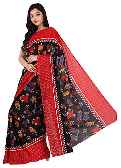 

Nikhilam- Traditional Jaipuri Print Cotton Malmal Sarees With Blouse - Red