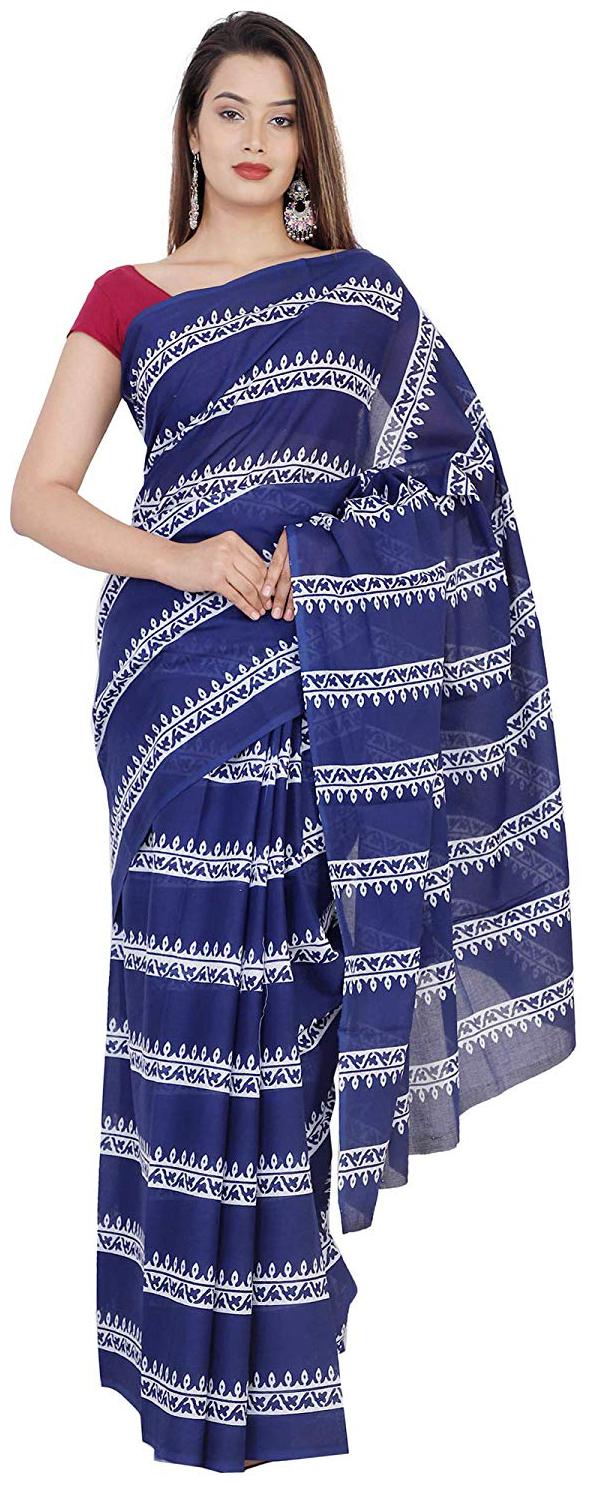 

NIKHILAM Women Cotton Saree Blue White